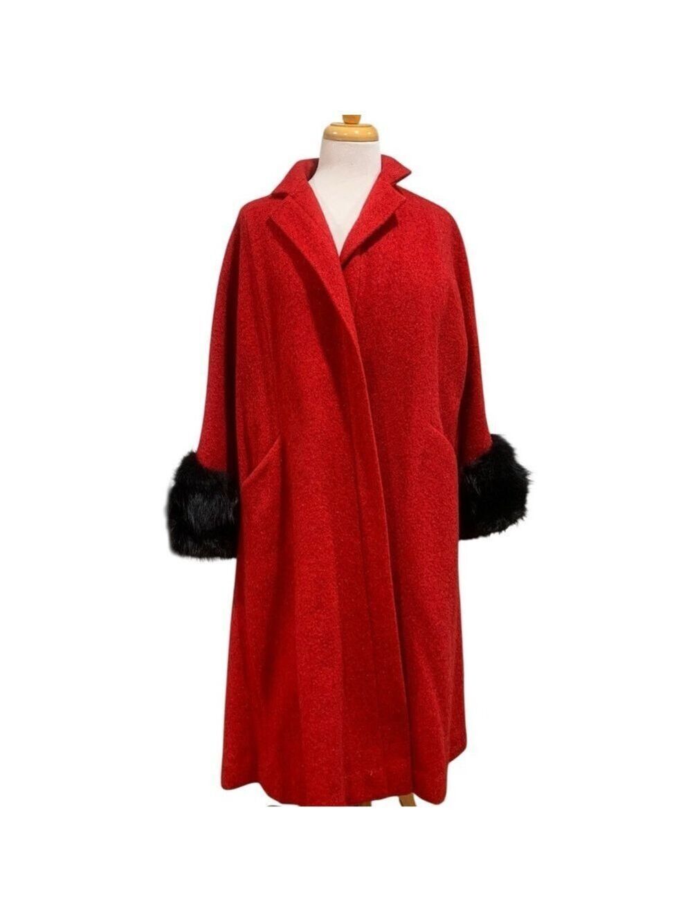 Vntg 50’s Volup Lilli Ann Red wool Coat with Black Fur Trim size XL